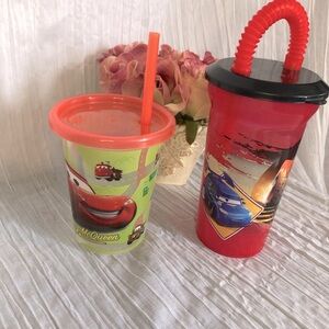 DISNEY CARS lot 2 toddler kids plastic travel carry along drink cups with lids